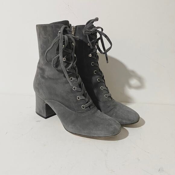 Gianvito Rossi Gray Suede Lace Up Boots Mackay Low Block Heel Ankle Zip sz 38 - Picture 3 of 13
